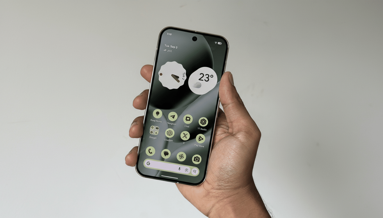 A hand holding a smartphone with a dark green and white wallpaper, displaying various app icons and widgets.