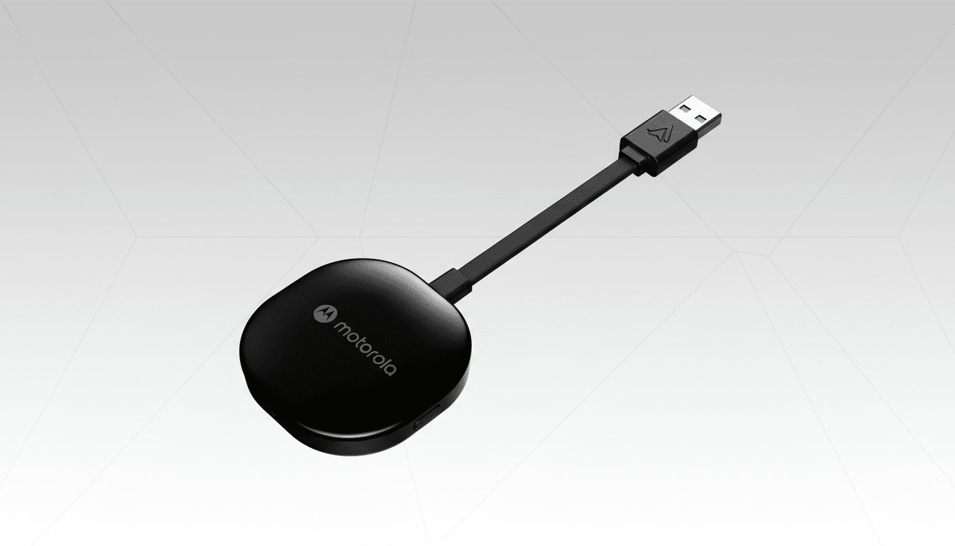 A black Motorola device with a USB connector, presented on a professional flat design background with soft geometric patterns and gradients.