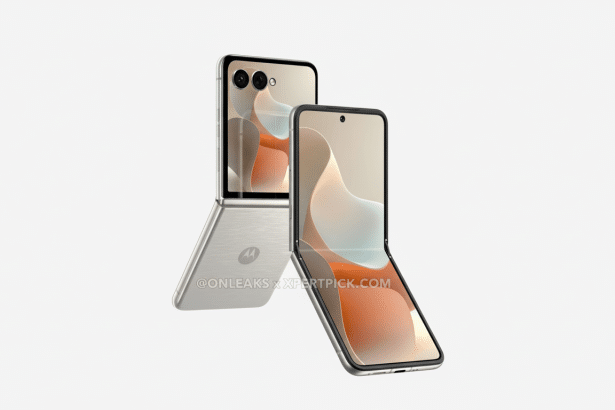 A silver Motorola Razr 40 Ultra foldable phone is displayed in a 16:9 aspect ratio, with one phone partially open and another fully open, showcasing its screen and camera.