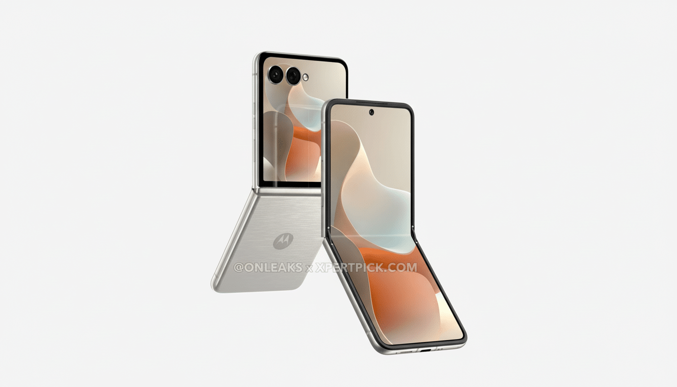 A silver Motorola Razr 40 Ultra foldable phone is displayed in a 16:9 aspect ratio, with one phone partially open and another fully open, showcasing its screen and camera.
