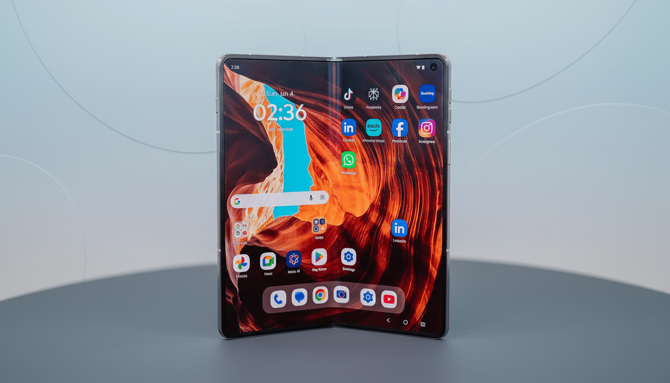 A foldable smartphone displaying a vibrant wallpaper and various app icons, set against a professional flat design background with soft gradients.