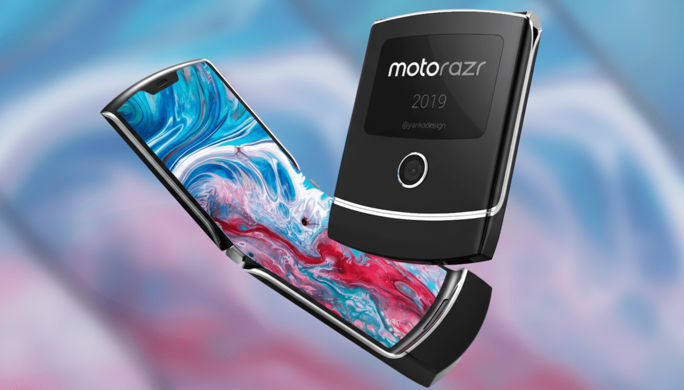 A black Motorola Razr 2019 foldable phone, partially open, with a vibrant abstract wallpaper on its internal screen, set against a professional flat design background with soft blue and pink gradients.