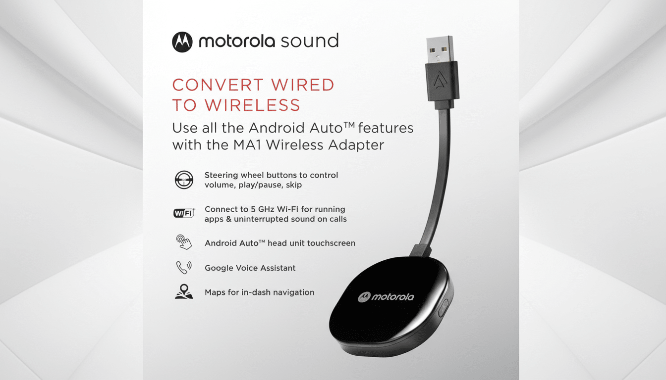 A Motorola Sound MA1 Wireless Adapter, a black oval device with a USB plug, is shown on a white background with text describing its features.