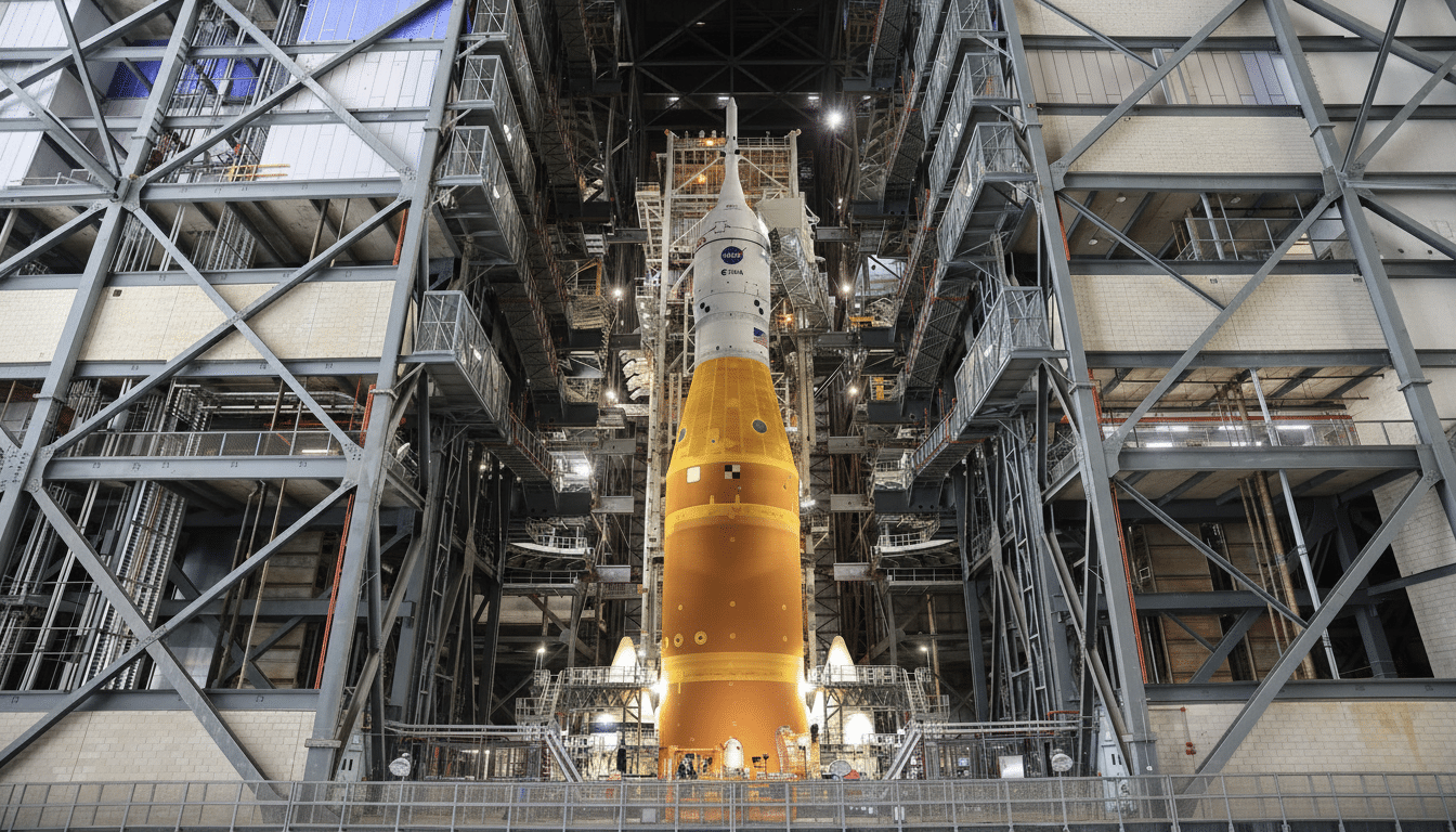 A large, orange and white rocket stands tall within a massive, multi-level gantry structure inside a hangar.