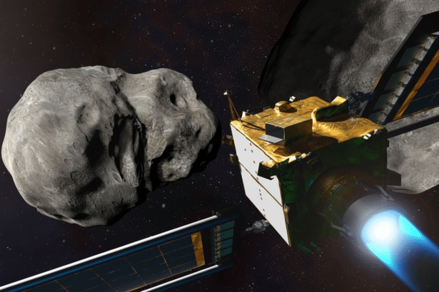A spacecraft with solar panels and a blue thruster flame approaches a large, irregularly shaped asteroid in space, with another asteroid partially visible in the background.
