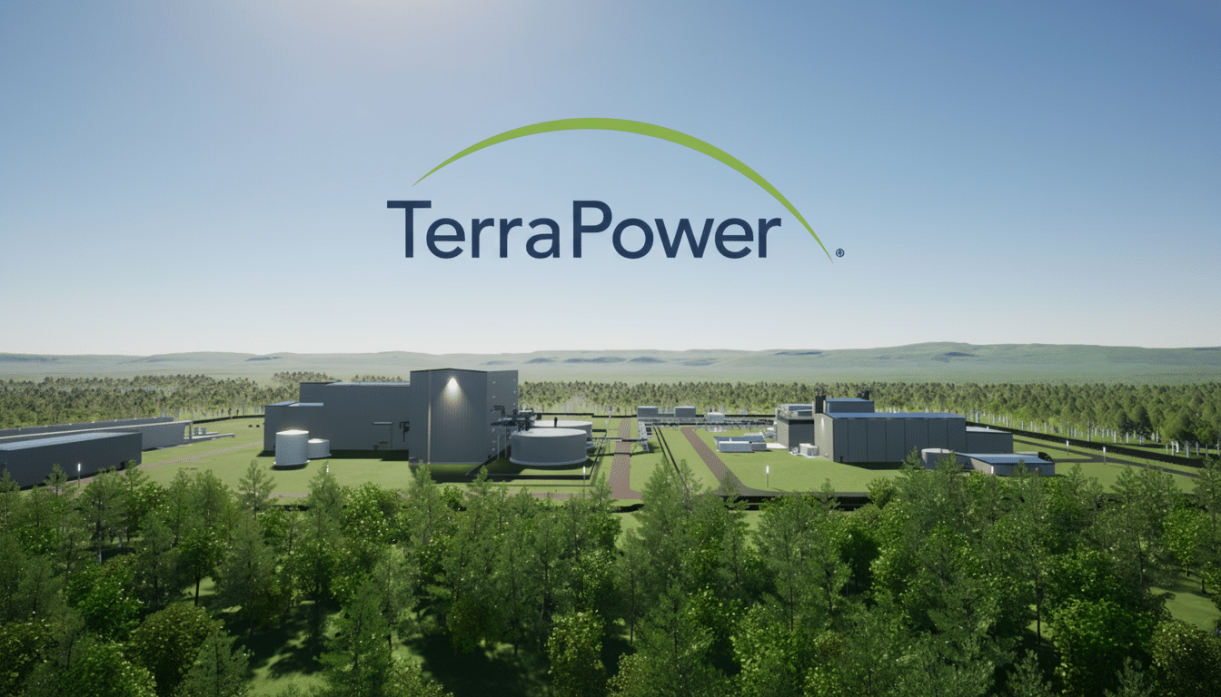 An aerial view of the TerraPower facility surrounded by trees under a clear sky, with the TerraPower logo prominently displayed in the upper center.