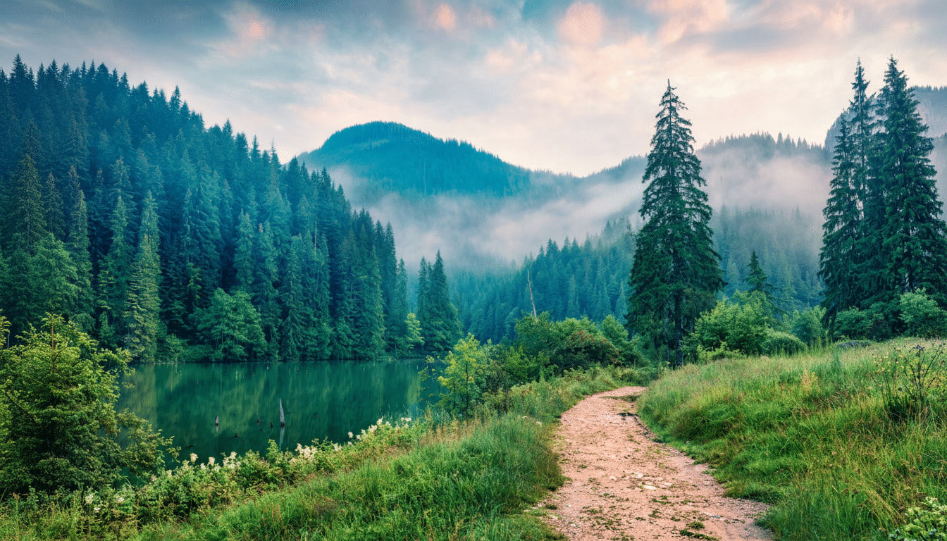 A serene landscape featuring a calm lake surrounded by a dense pine forest, with mist rising among the distant mountains under a soft, cloudy sky. A dirt path winds through the foreground.