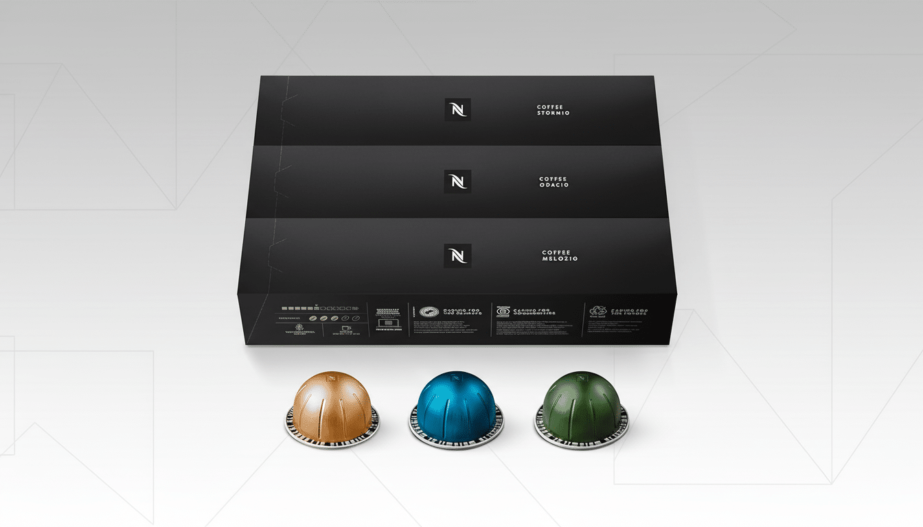 A 16:9 aspect ratio image of three black Nespresso coffee boxes stacked, with three colorful coffee capsules (gold, blue, and green) in front, set against a professional flat design background with soft patterns.