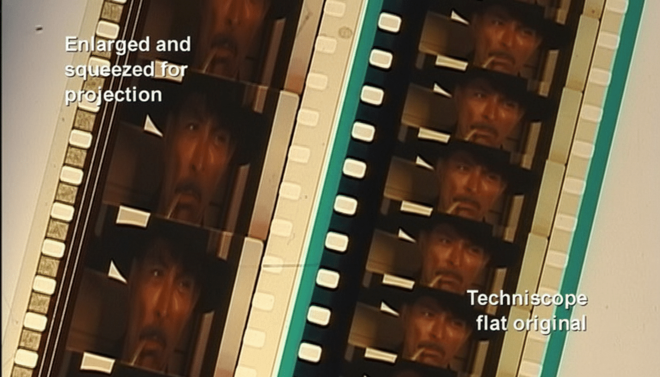 A close-up of two strips of film, one labeled Enlarged and squeezed for projection and the other Techniscope flat original, both showing multiple frames of a man in a hat.
