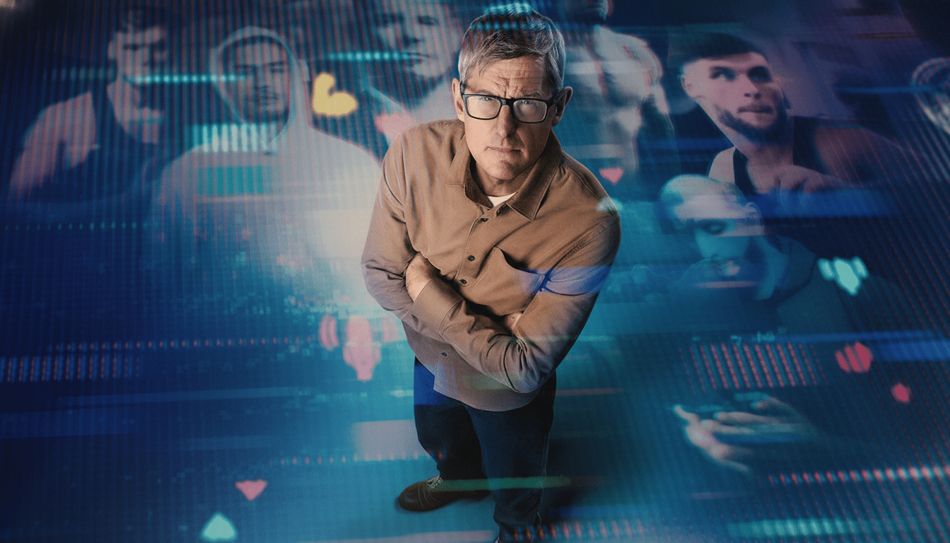 A man with glasses and a brown shirt stands with his arms crossed, looking up at the camera, surrounded by digital overlays of other people and data.