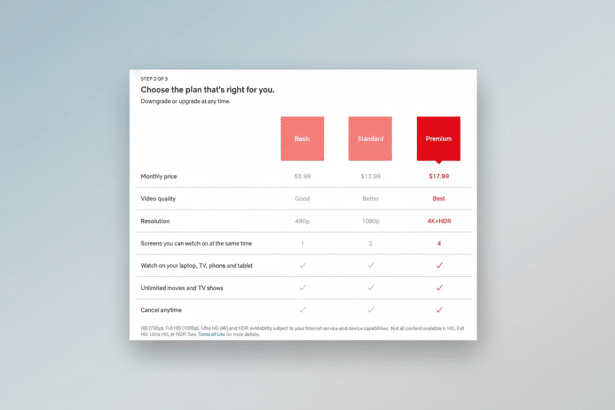 A screenshot of a Netflix plan selection page, showing Basic, Standard, and Premium options with their respective prices, video quality, resolution, number of screens, and features. The Premium plan is highlighted in red.