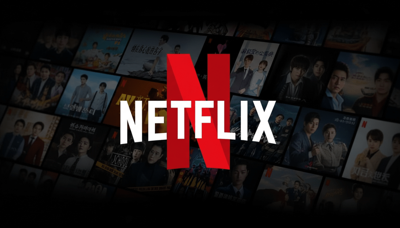 The Netflix logo in red and white, centered over a blurred background of various movie and TV show thumbnails.