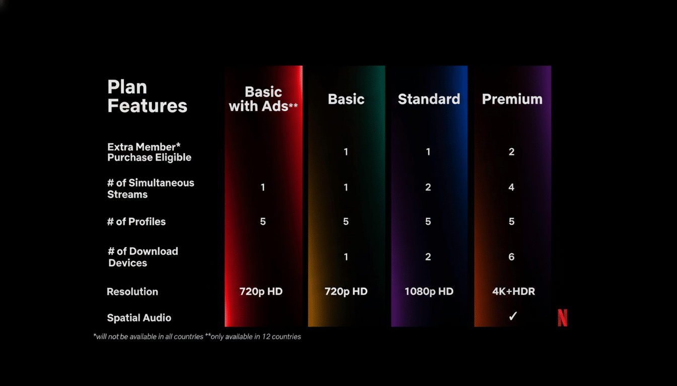 A Netflix plan features comparison table with columns for Basic with Ads, Basic, Standard, and Premium, detailing features like extra members, simultaneous streams, profiles, download devices, resolution, and spatial audio.