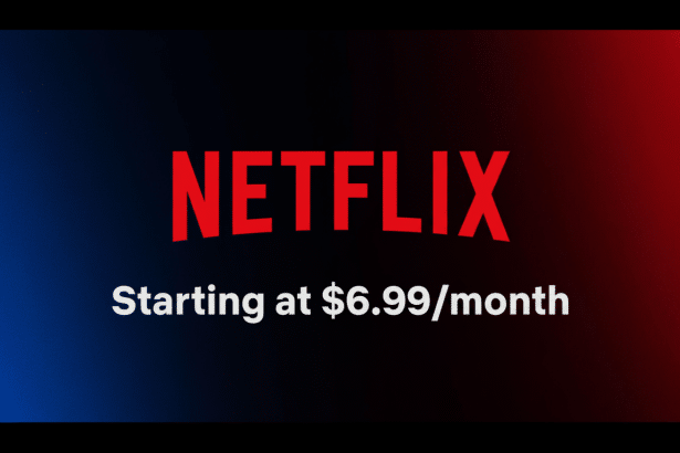 The Netflix logo in red with the text Starting at $6.99/month below it, set against a gradient background of blue and red.
