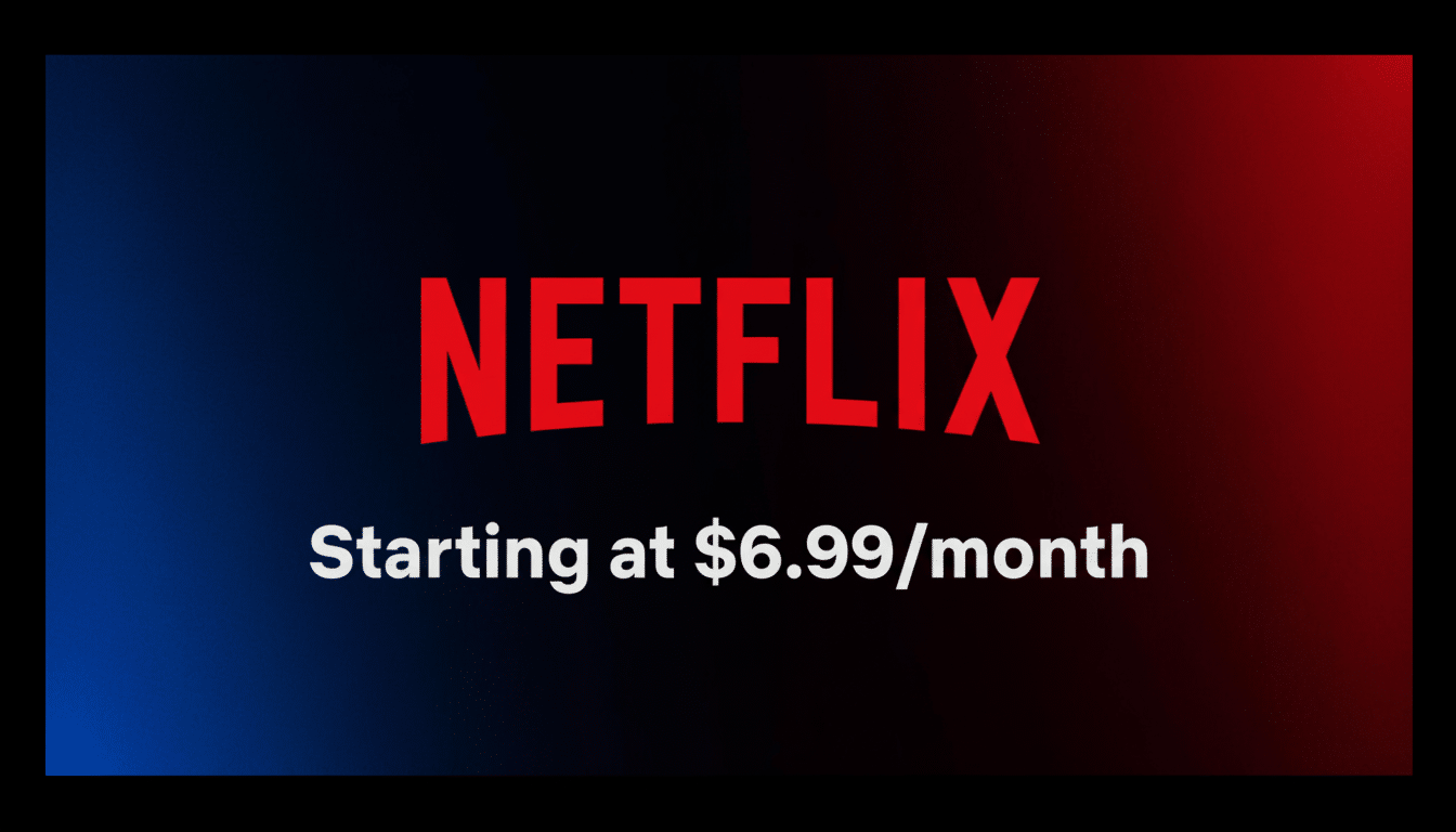 The Netflix logo in red with the text Starting at $6.99/month below it, set against a gradient background of blue and red.