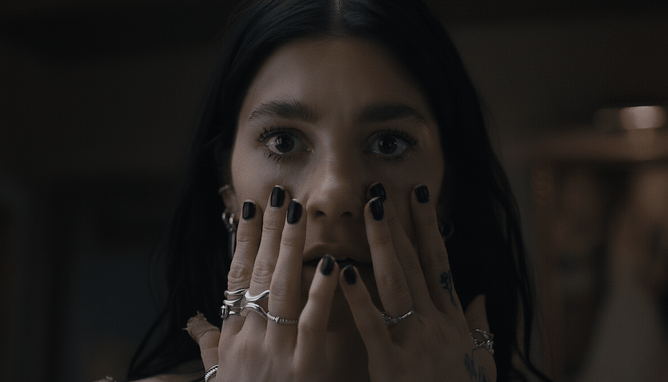 A close-up, 16:9 aspect ratio image of a person with dark hair and black nail polish, hands covering their mouth, looking directly at the viewer with wide eyes.