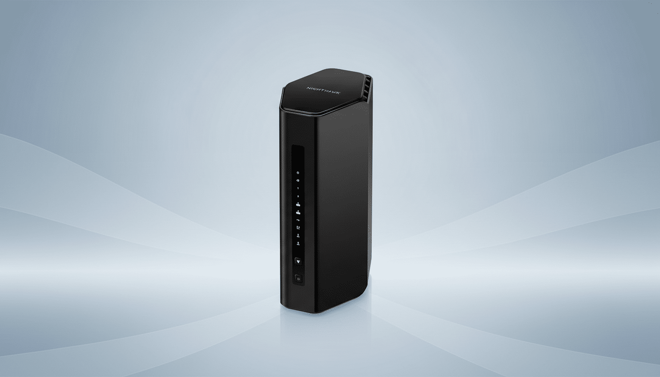 A black Nighthawk router standing upright on a professional flat design background with soft blue-grey gradients and subtle wave patterns.
