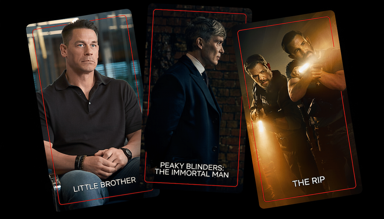 Three movie posters are displayed on a black background. The poster on the left features John Cena, the middle poster features a man in a suit, and the poster on the right features two men with flashlights.