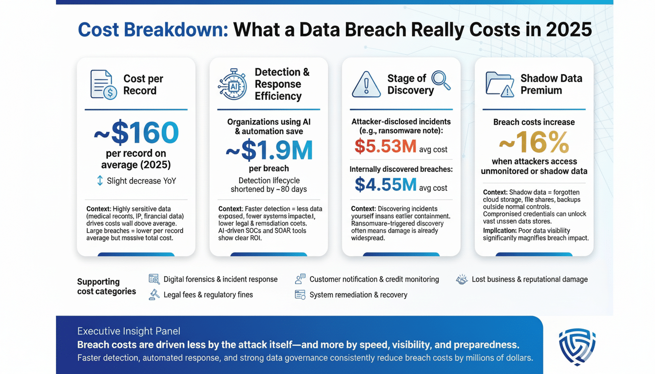 Infographic titled Cost Breakdown: What a Data Breach Really Costs in 2025 showing four categories: Cost per Record (~$160), Detection & Response Efficiency (~$1.9M), Stage of Discovery (attacker-disclosed $5.53M, internally discovered $4.55M), and Shadow Data Premium (breach costs increase ~16%). Supporting cost categories include digital forensics, legal fees, customer notification, system remediation, and lost business.