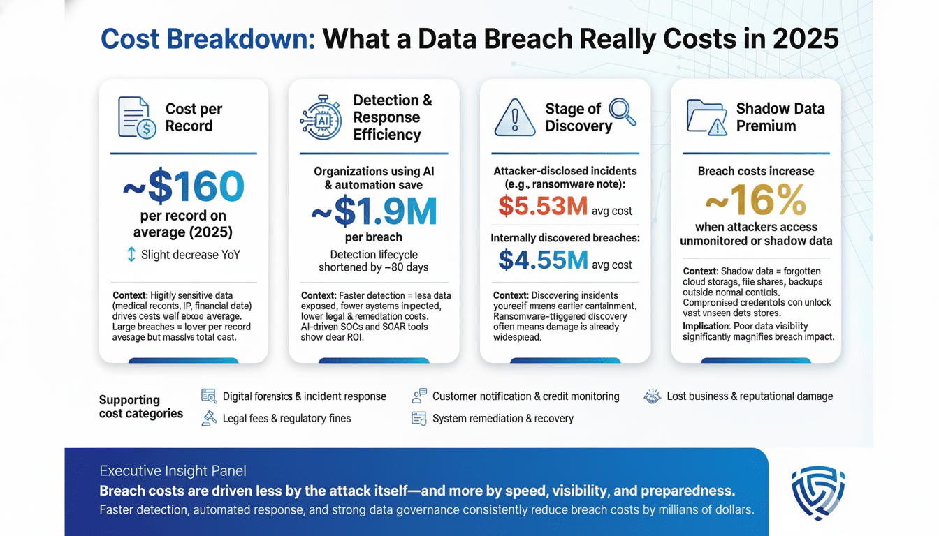 An infographic titled Cost Breakdown: What a Data Breach Really Costs in 2025 detailing various financial impacts and contributing factors of data breaches.