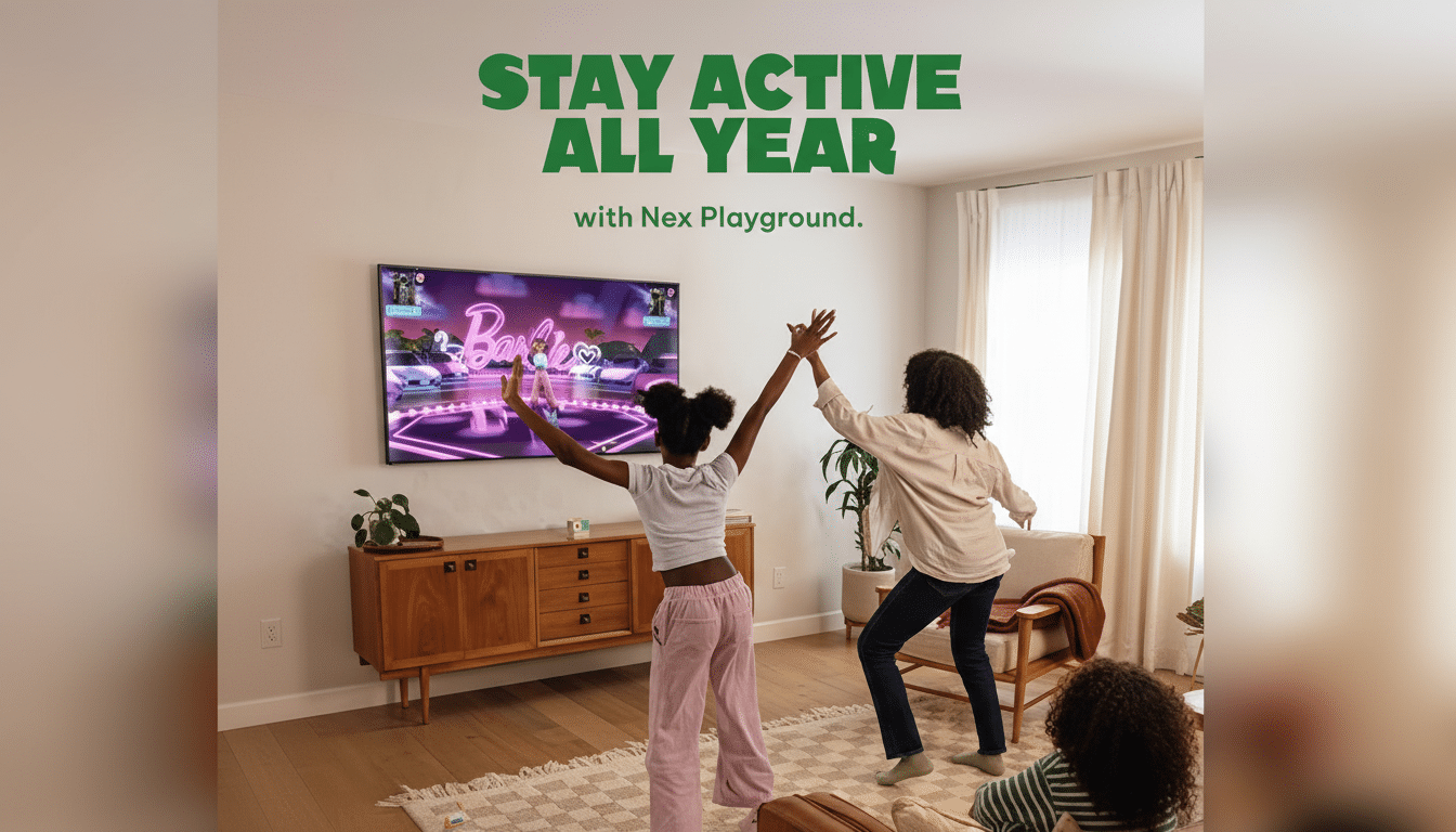 Two people are actively playing a video game on a large screen TV in a living room, with text overlay that reads STAY ACTIVE ALL YEAR with Nex Playground.