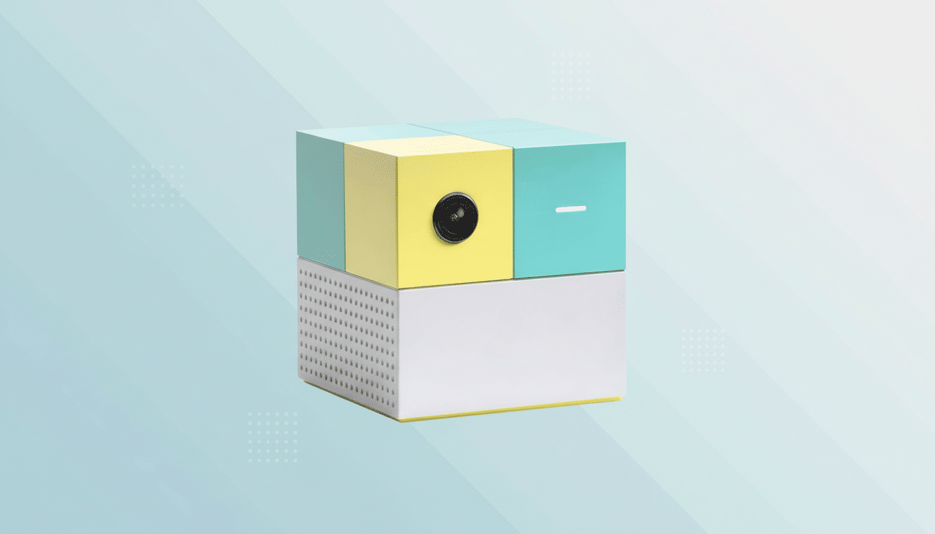 A modular camera with a yellow, teal, and white body, set against a professional flat design background with soft patterns and gradients.