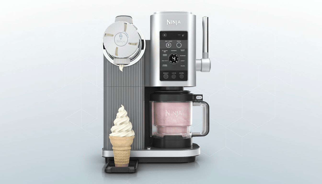 A Ninja Creami Deluxe ice cream maker with a soft-serve cone in front of it, set against a professional flat design background with soft patterns.