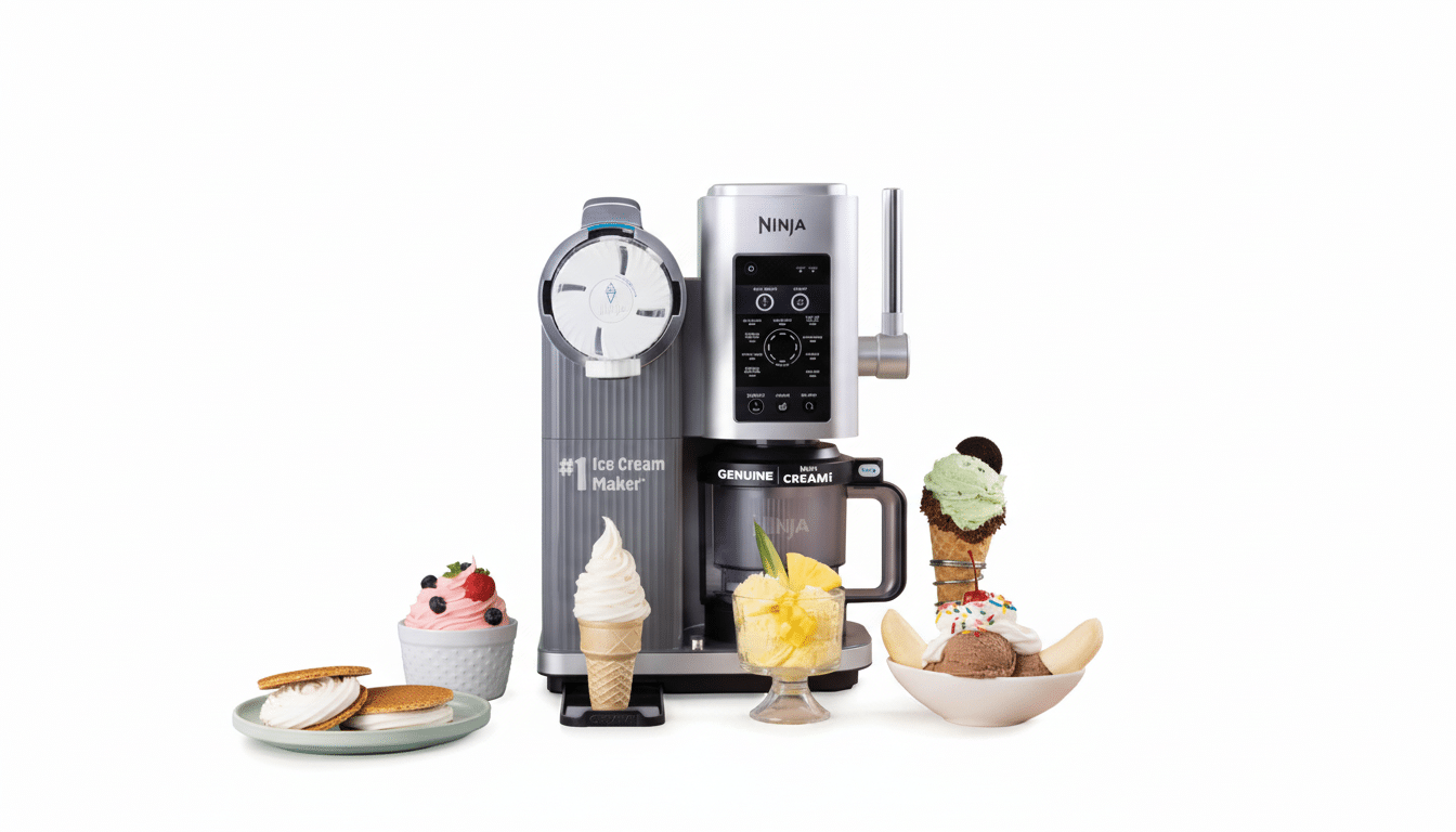 A Ninja Creami ice cream maker surrounded by various ice cream treats, including cones, a sundae, and ice cream sandwiches, all on a white background.