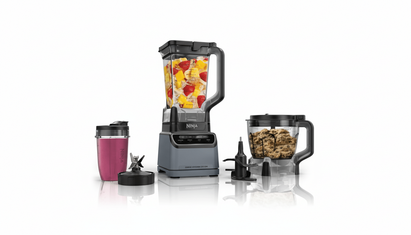 A Ninja Grand Kitchen System blender set, including a main blender with fruit, a personal blender with a pink smoothie, and a food processor with ingredients, all on a white background.