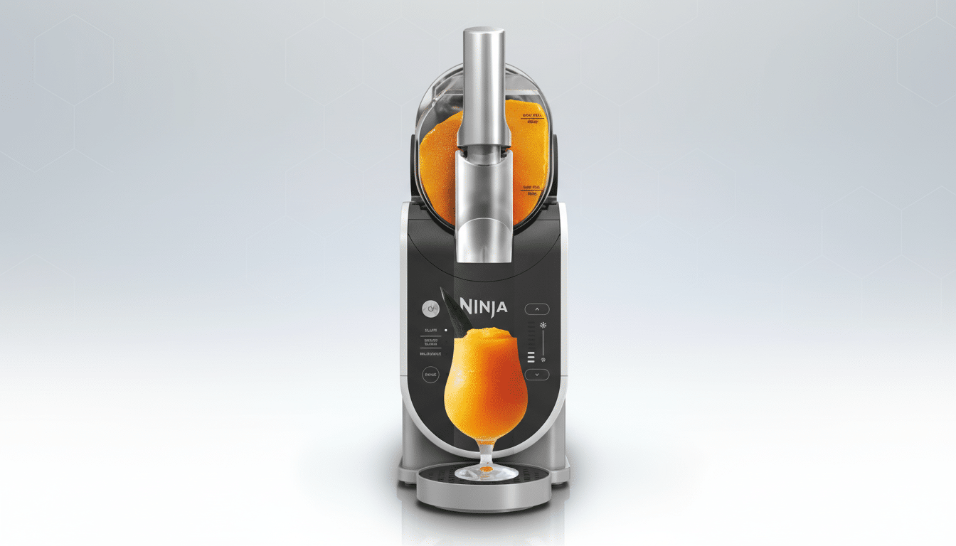 A Ninja Thirsti Drink System with a glass of orange beverage in front, set against a professional flat design background with soft patterns and gradients.