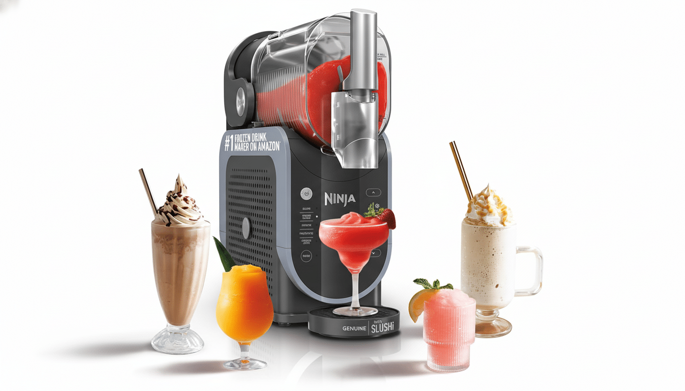 A Ninja frozen drink maker surrounded by various frozen beverages, including milkshakes, slushies, and frozen cocktails.