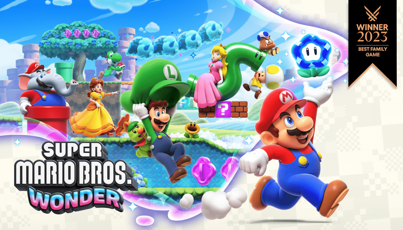 The Super Mario Bros. Wonder game cover, featuring Mario, Luigi, Princess Peach, Daisy, Yoshi, Toad, and other characters in a vibrant, fantastical landscape. The image is resized to a 16:9 aspect ratio.