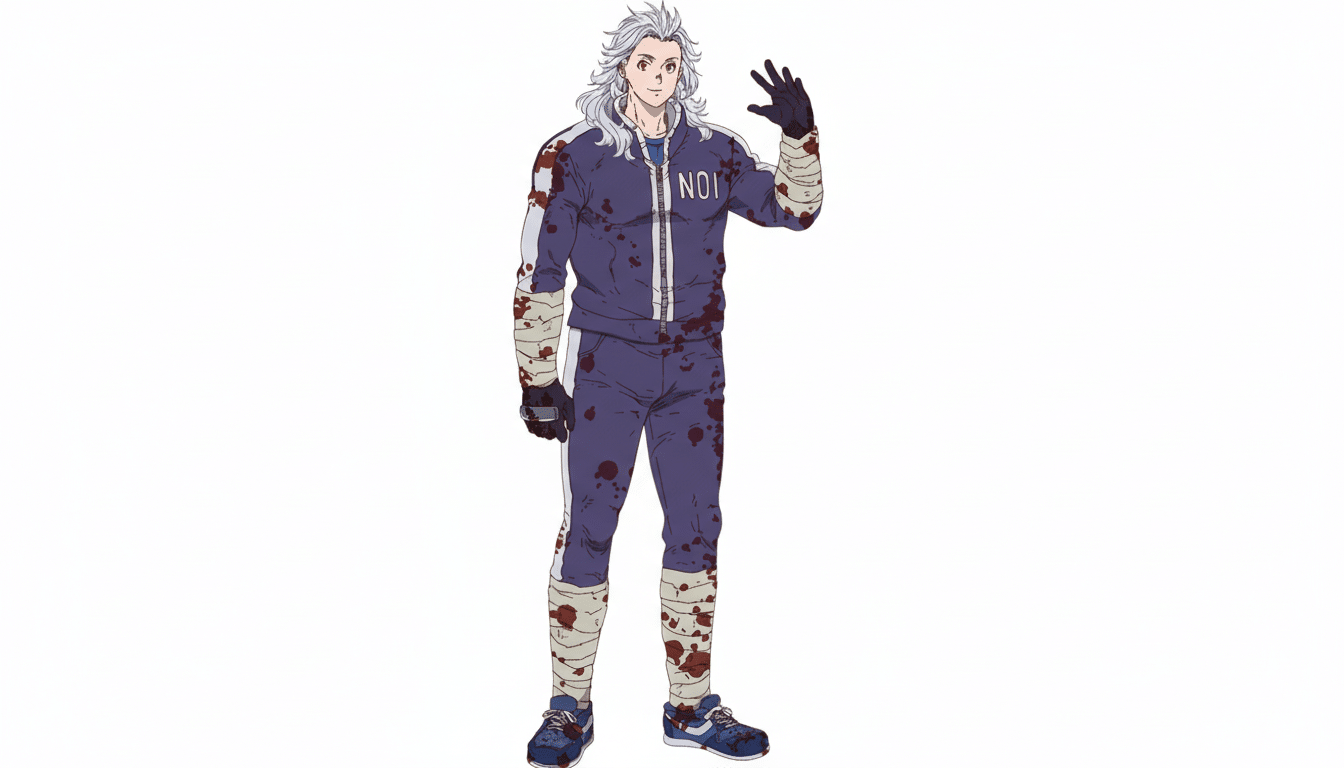 An anime character with white hair, wearing a blood-splattered blue tracksuit and bandages, waving.