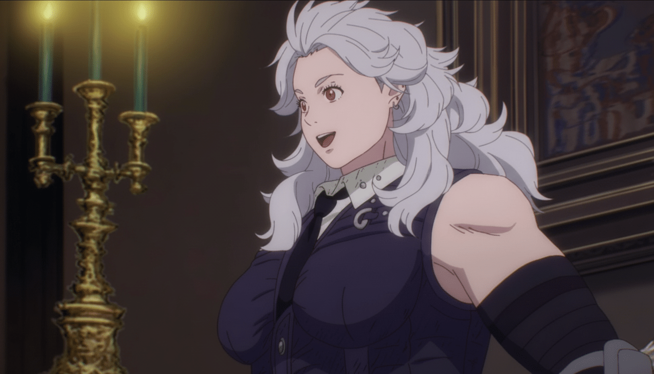 An anime character with white hair and red eyes, wearing a dark outfit, smiling in a dimly lit room with a candelabra.