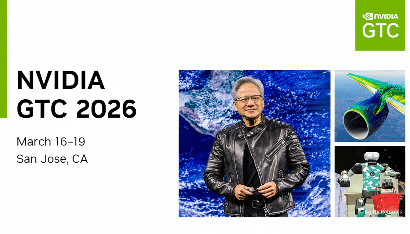 A promotional image for NVIDIA GTC 2026, featuring a man in a leather jacket, a jet engine graphic, and a robot.