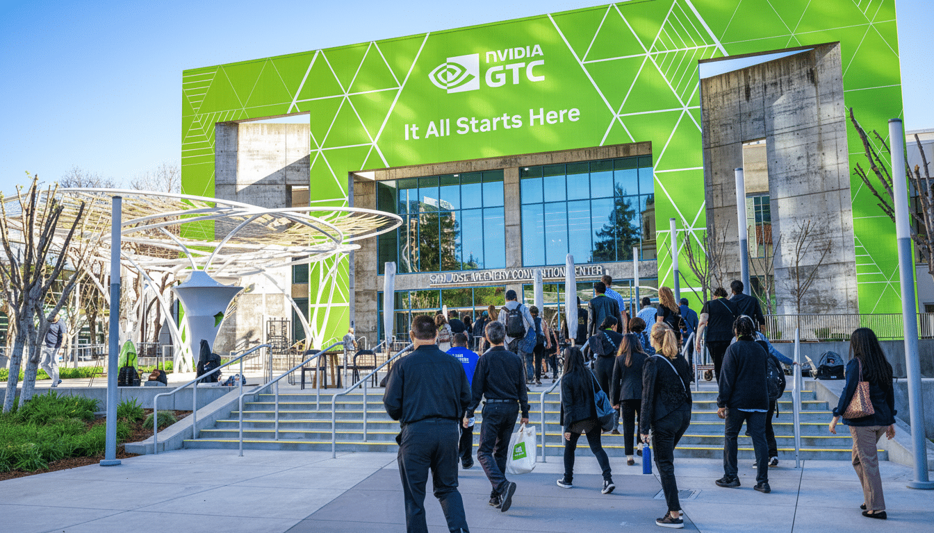The NVIDIA GTC convention center entrance with people walking towards it.