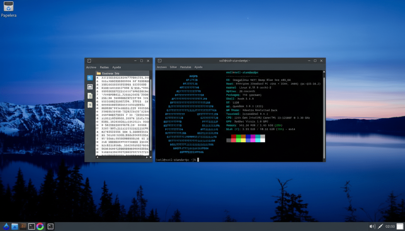 A desktop screenshot of a Linux operating system with two open terminal windows, displaying system information and file listings, set against a scenic lake and mountain wallpaper.