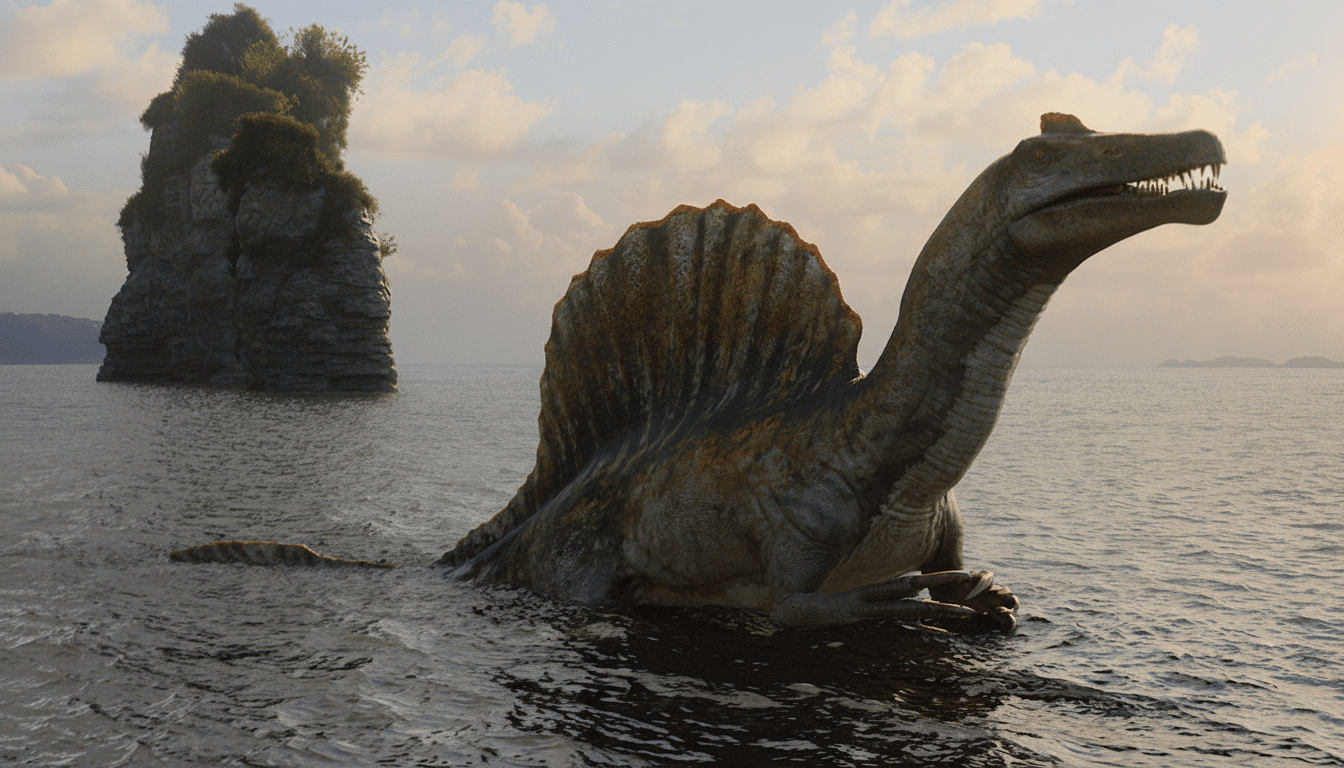 A Spinosaurus emerges from the water with a rocky island in the background, resized to a 16:9 aspect ratio.
