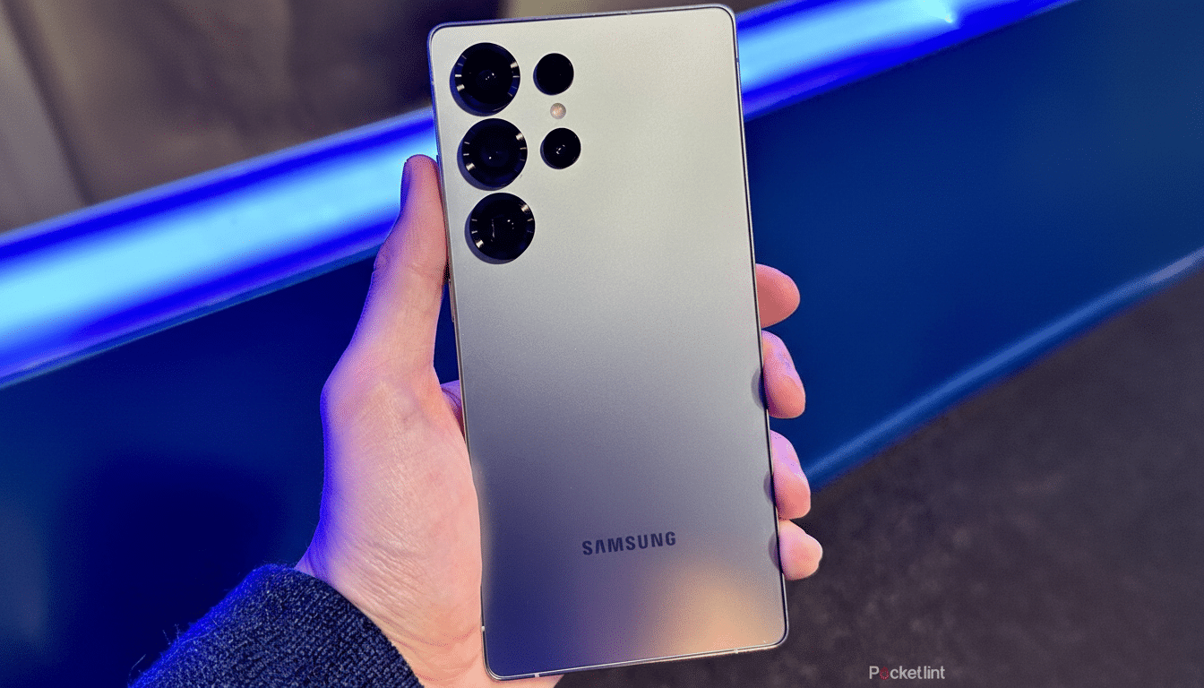A hand holding a Samsung smartphone, resized to a 16:9 aspect ratio with professional enhancements.