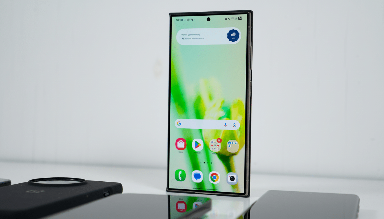 A smartphone standing upright on a white surface, displaying its home screen with various app icons and a weather notification.
