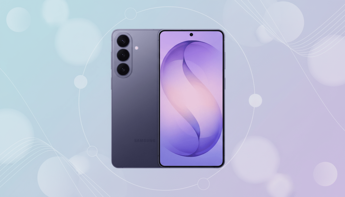 A purple Samsung smartphone is displayed against a professional flat design background with soft patterns and gradients. The phone is shown from the front and back, with the screen displaying a purple and pink abstract design.