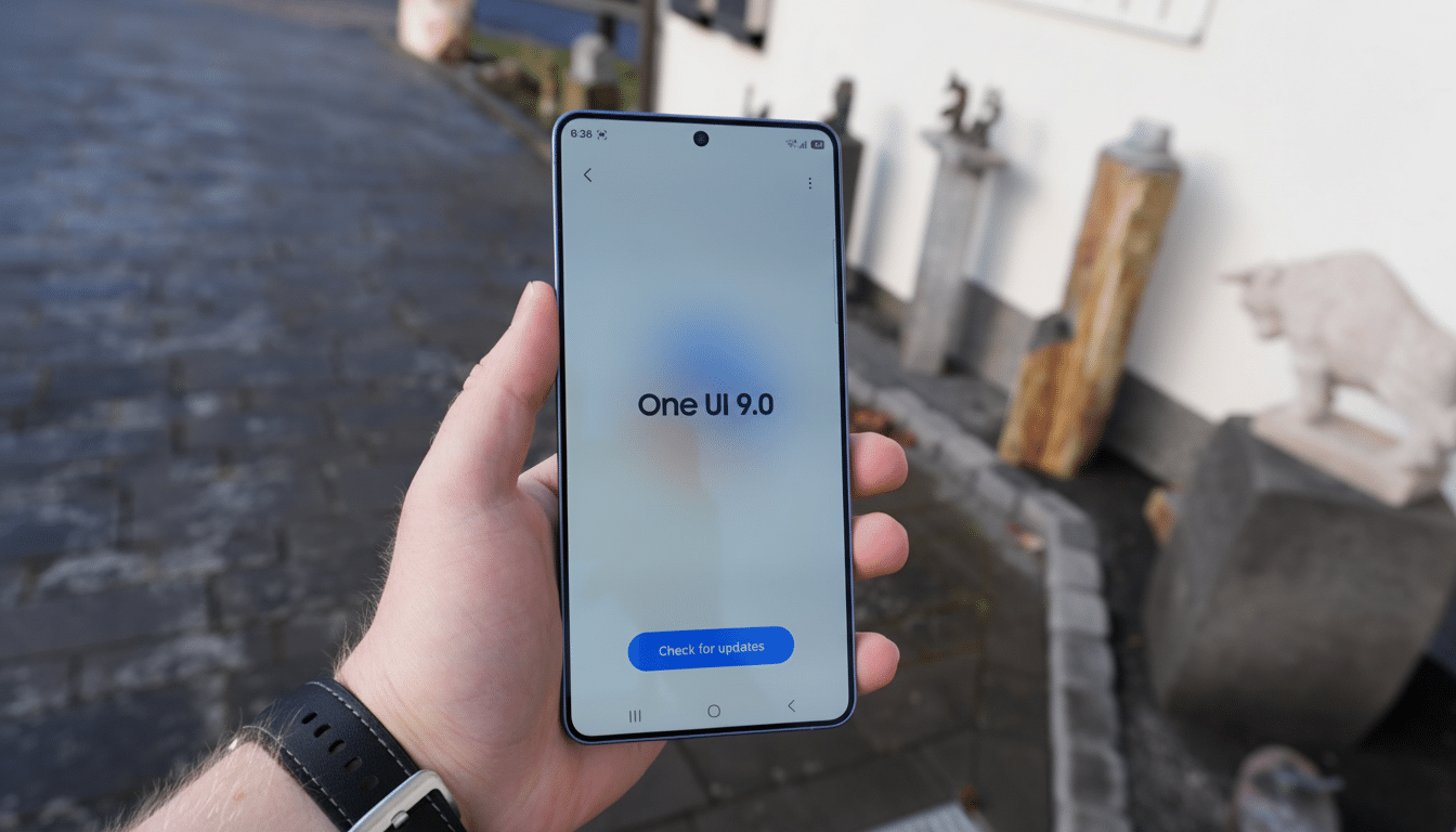 A hand holding a smartphone displaying One UI 9.0 on its screen, with a blurred outdoor background.