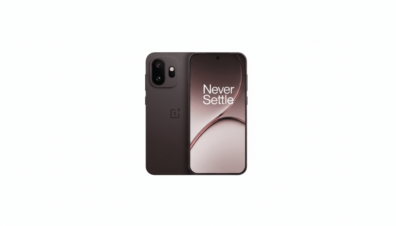 A brown OnePlus smartphone with its screen displaying Never Settle and a subtle red and white abstract design, presented against a clean white background.