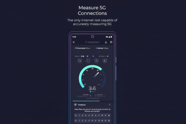 A smartphone displaying a 5G speed test app, showing a download speed of 36.45 Mbps, set against a dark purple background with text Measure 5G Connections and The only internet test capable of accurately measuring 5G.