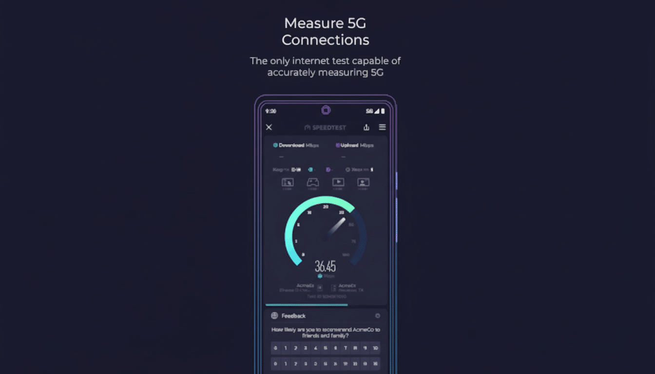 A smartphone displaying a 5G speed test app, showing a download speed of 36.45 Mbps, set against a dark purple background with text Measure 5G Connections and The only internet test capable of accurately measuring 5G.