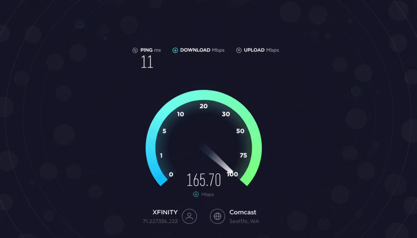 A screenshot of an internet speed test showing a download speed of 165.70 Mbps, a ping of 11 ms, and indicating Xfinity as the provider from Seattle, WA.