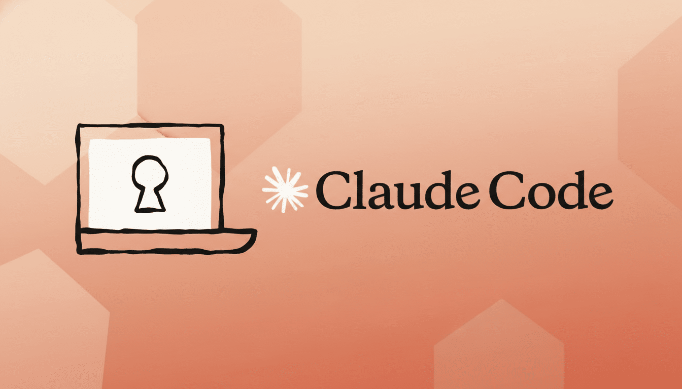 A 16:9 aspect ratio image with a professional flat design background featuring soft patterns and gradients. The original Claude Code logo, which includes a hand-drawn laptop icon with a keyhole on its screen and the text Claude Code next to it, remains unchanged and is centered on the image.
