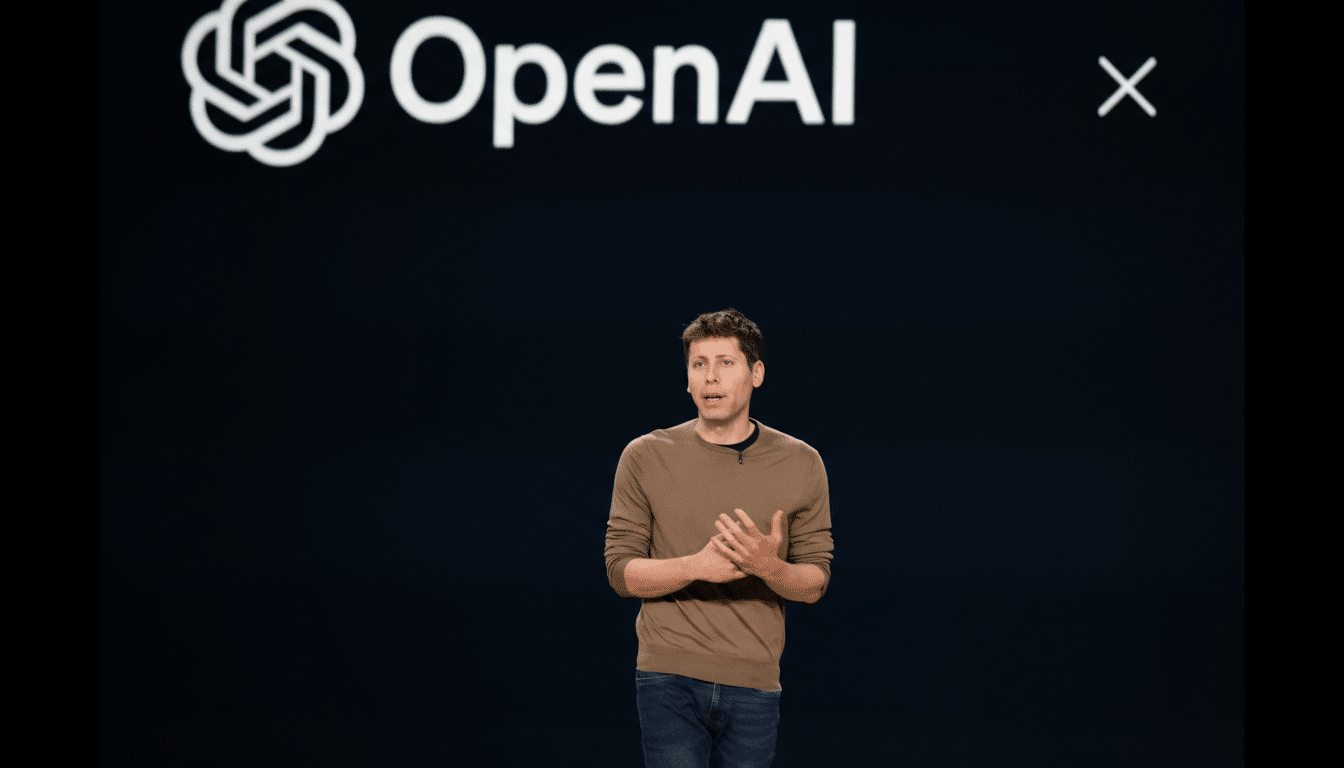 A man in a brown sweater and jeans stands on a stage with the OpenAI logo in the background, resized to a 16:9 aspect ratio.