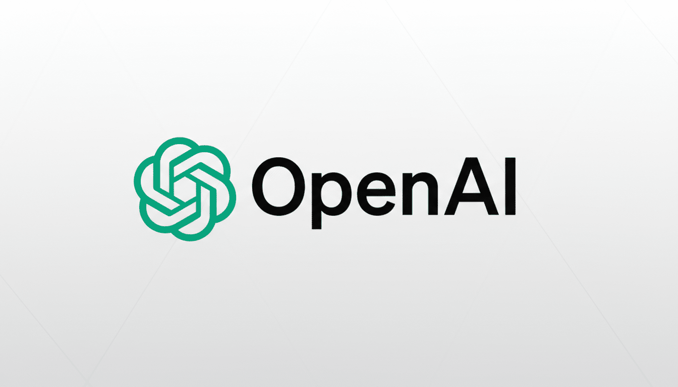 The OpenAI logo, featuring a green stylized knot-like emblem to the left of the black text OpenAI, presented on a professional light gray background with subtle geometric patterns.