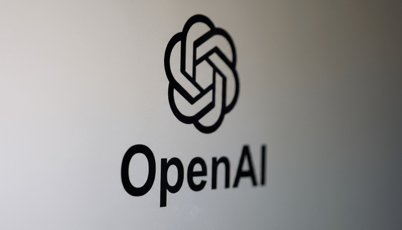 The OpenAI logo and name are displayed on a screen, with a robotic hand partially visible on the right side, illuminated by a blue light.